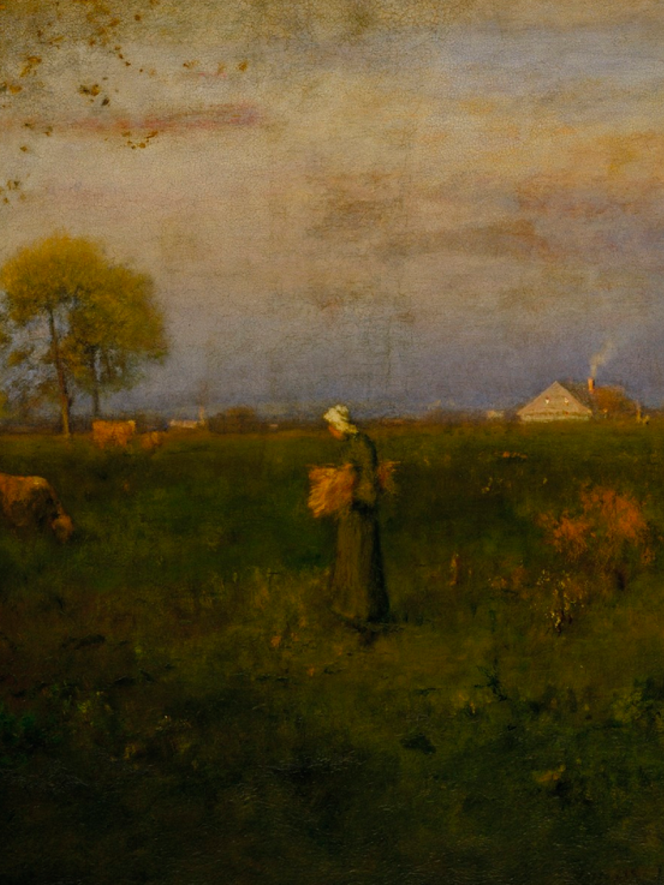 This painting shows a scene in a field at sunset with a person in a cap carrying a bundle that may be sticks or hay.a cap 