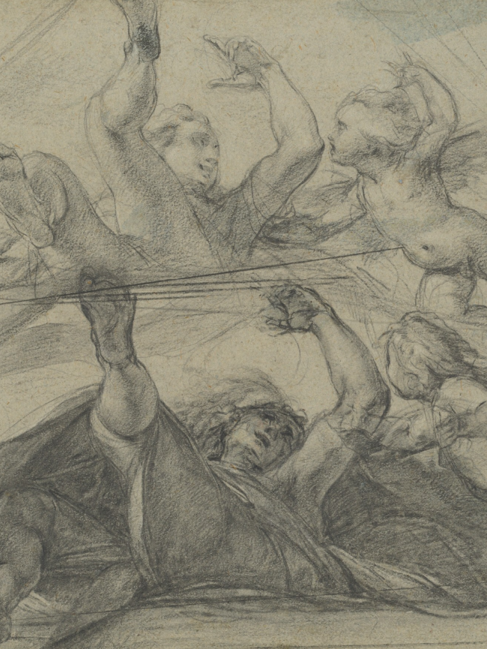 This charcoal sketch has multiple people. The central figure is viewed from below and is reaching up with their left arm and foot.