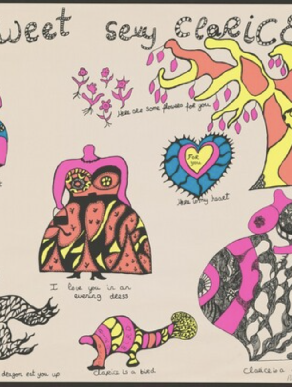There are six illustrations on the page. Among them are a tree and a woman's body in a bathing suit. Handwritten text at the top says Sweet Sexy Clarice.