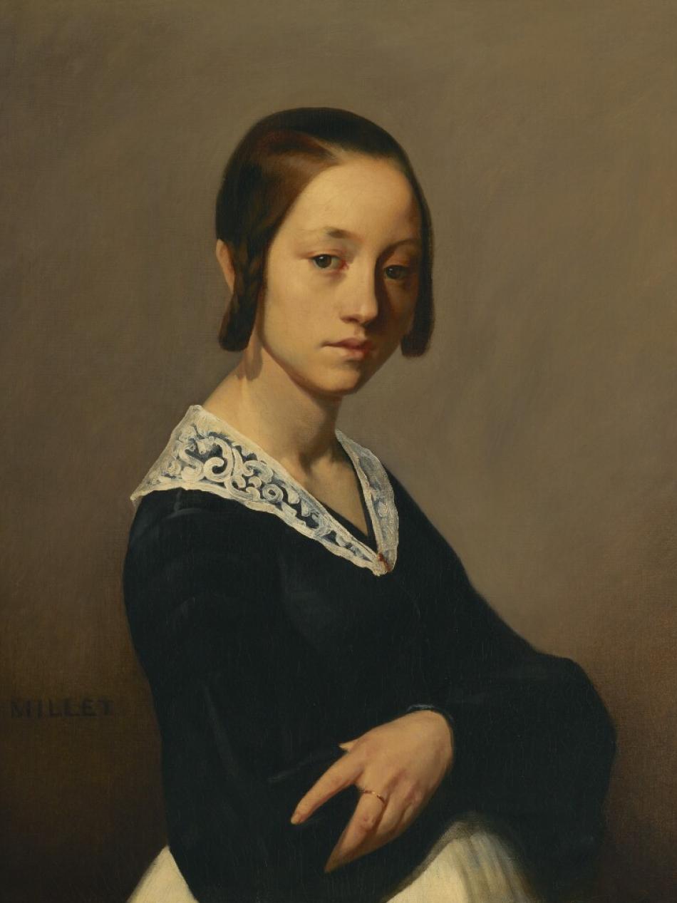 This painting depicts a young woman. She looks over her right shoulder directly at the viewer.