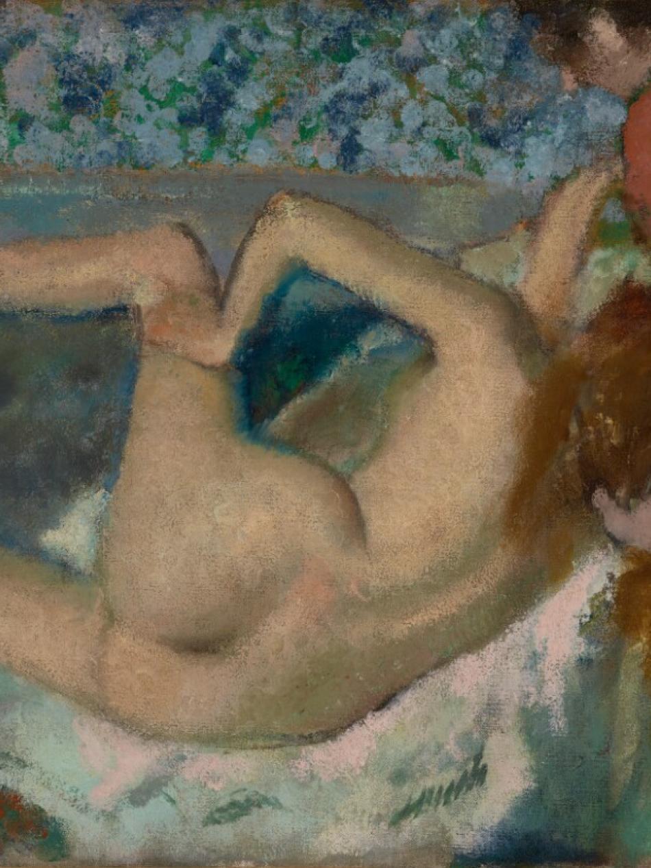 This painting depicts a young woman lying on a towel with her left knee reaching over the edge of a bathtub.