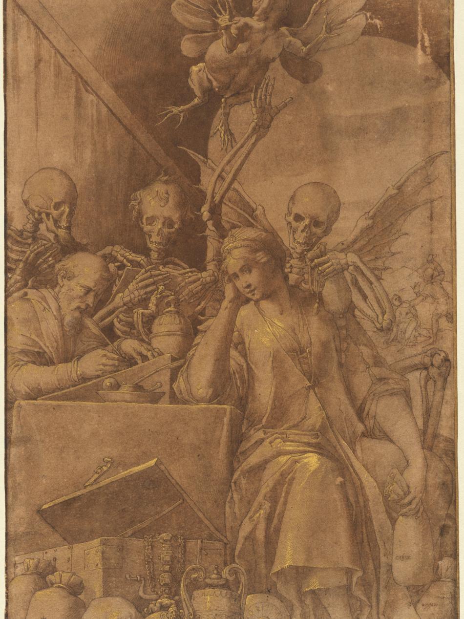 A man and woman are sitting at a desk. The man is writing and the woman is looking directly at us. Three skeletons are behind them.