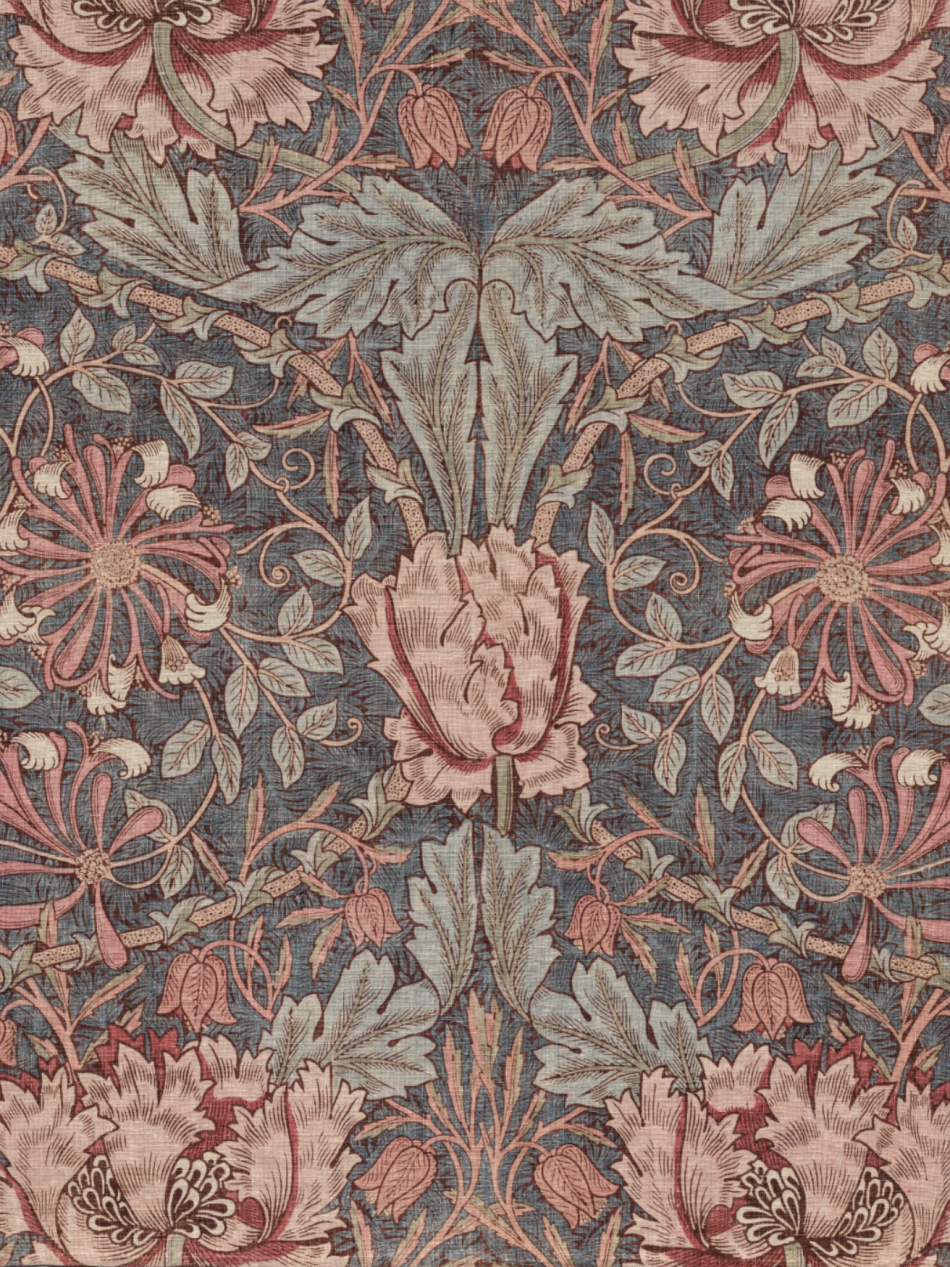 This tapestry sample has a geometric balanced floral pattern.