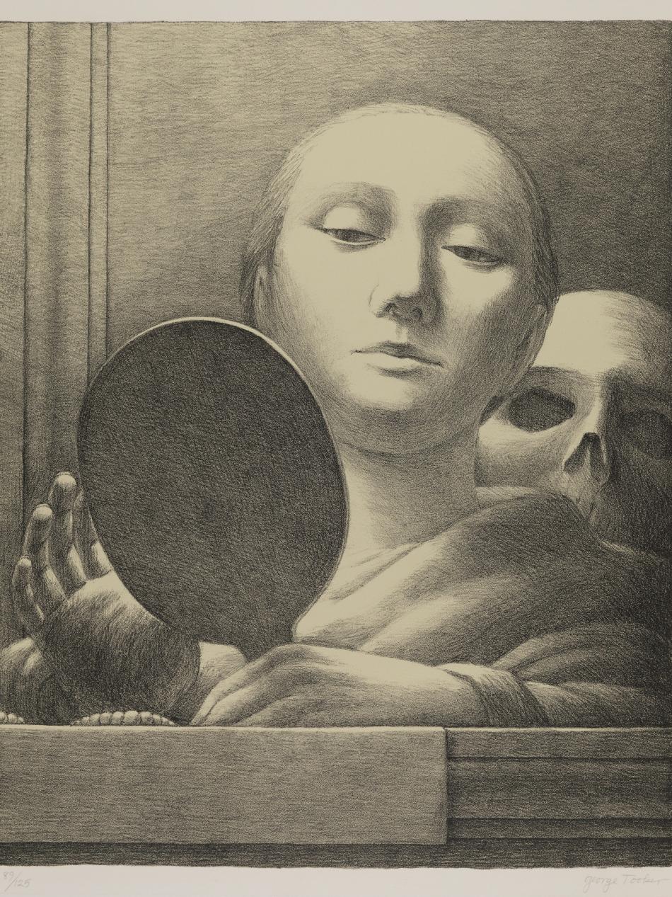 This drawing depicts the round face of a woman in front of a round mirror.