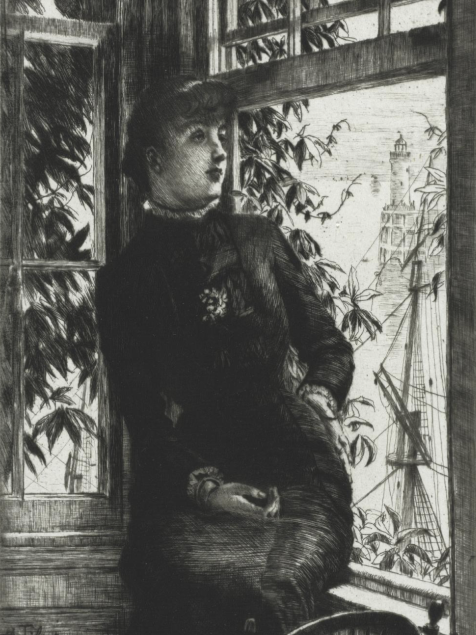 This drawing depicts a woman standing in front of a window.