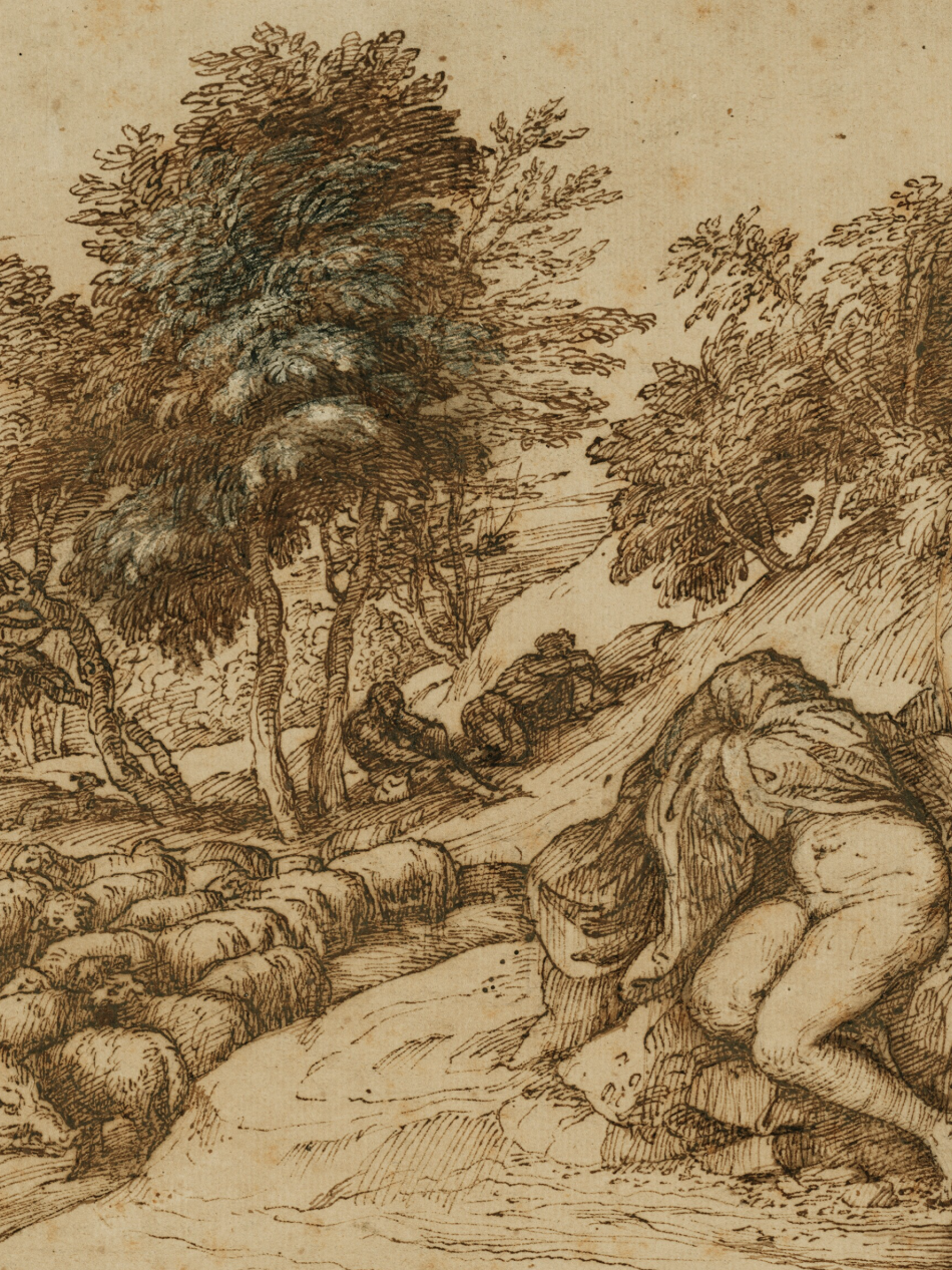 This etching shows a person lying down in a field with sheep