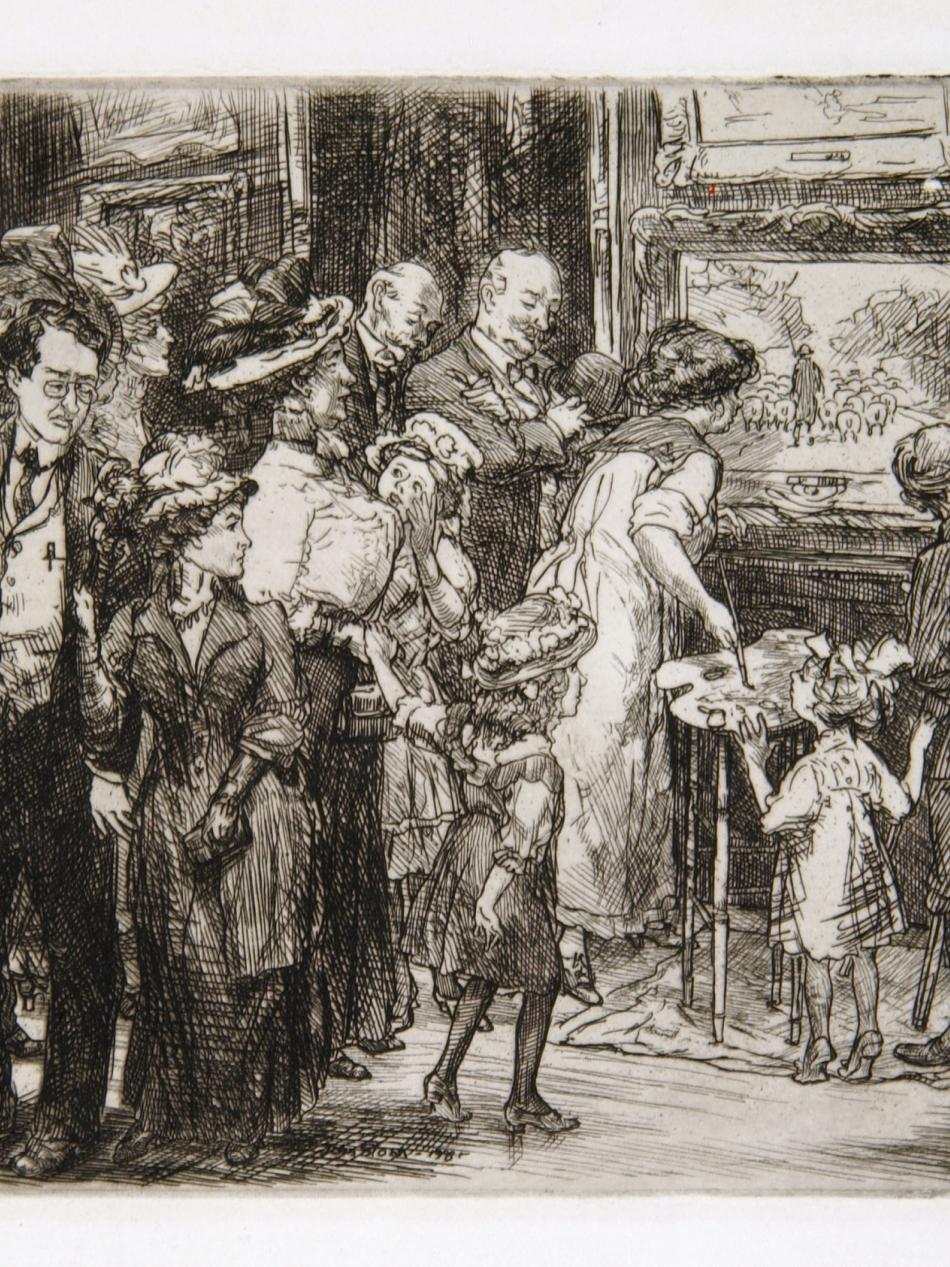 This drawing depicts a crowded gallery in a museum. A woman holds a brush to paint on a palate.  