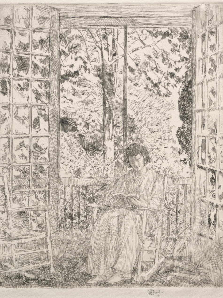 In this drawing a woman in a rocking chair reads a book.