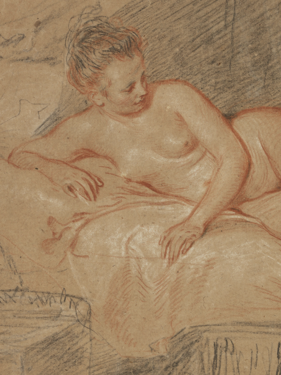 In this charcoal drawing a nude woman reclines on a bed and looks to our right.
