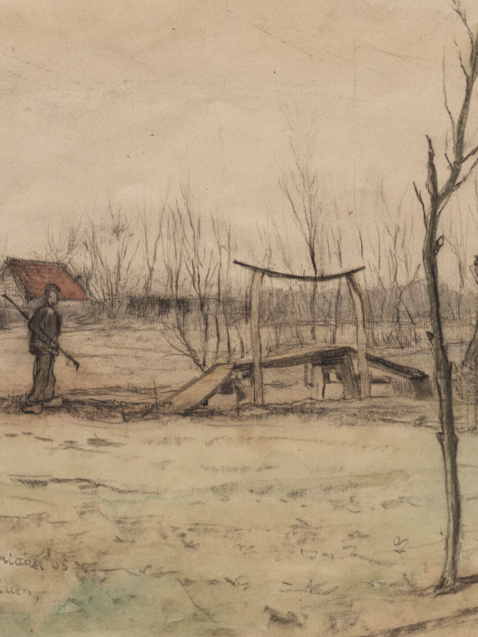 In this painting, a man walks out to the fields carrying a hoe. He is about to walk over a makeshift bridge