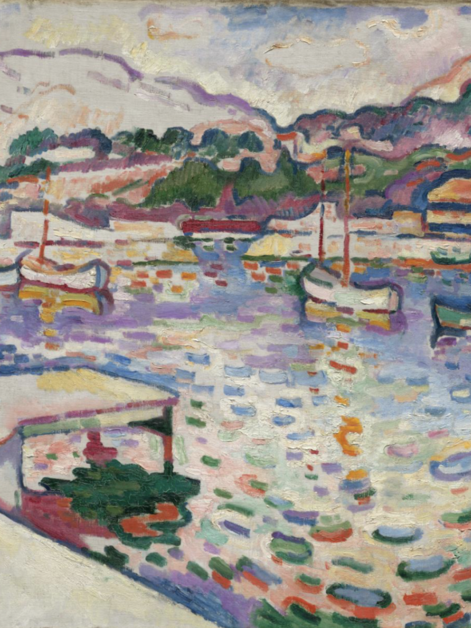 This landscape painting shows a walkway leading a path over water.