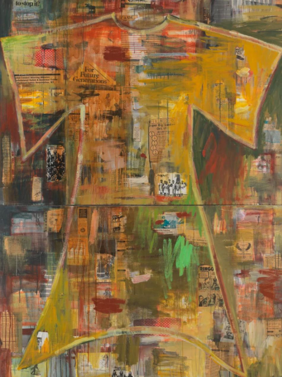 Two canvases are displayed, one on top of the other, to form this painting. The primary shape is one like a dress. The image is made of paint and clippings from magazines.