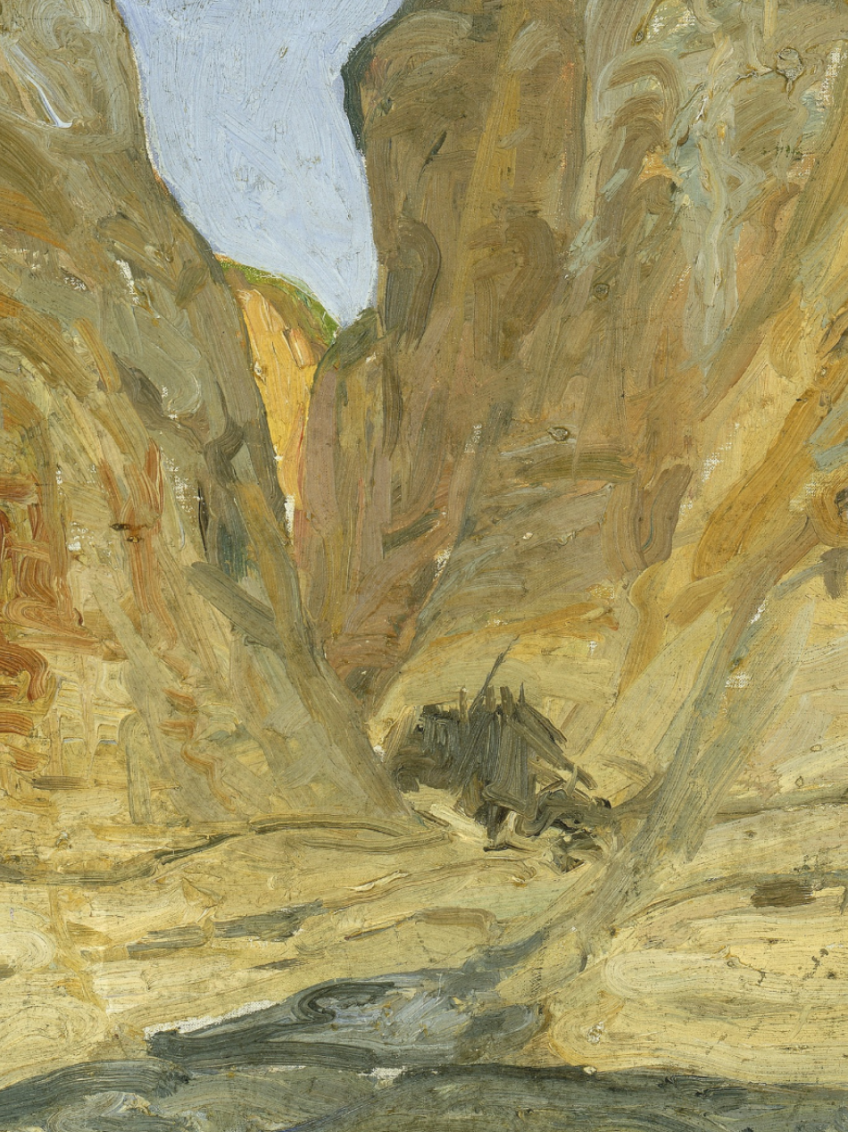 This painting shows a canyon from a low perspective. It's roughly painted with visible brush strokes.