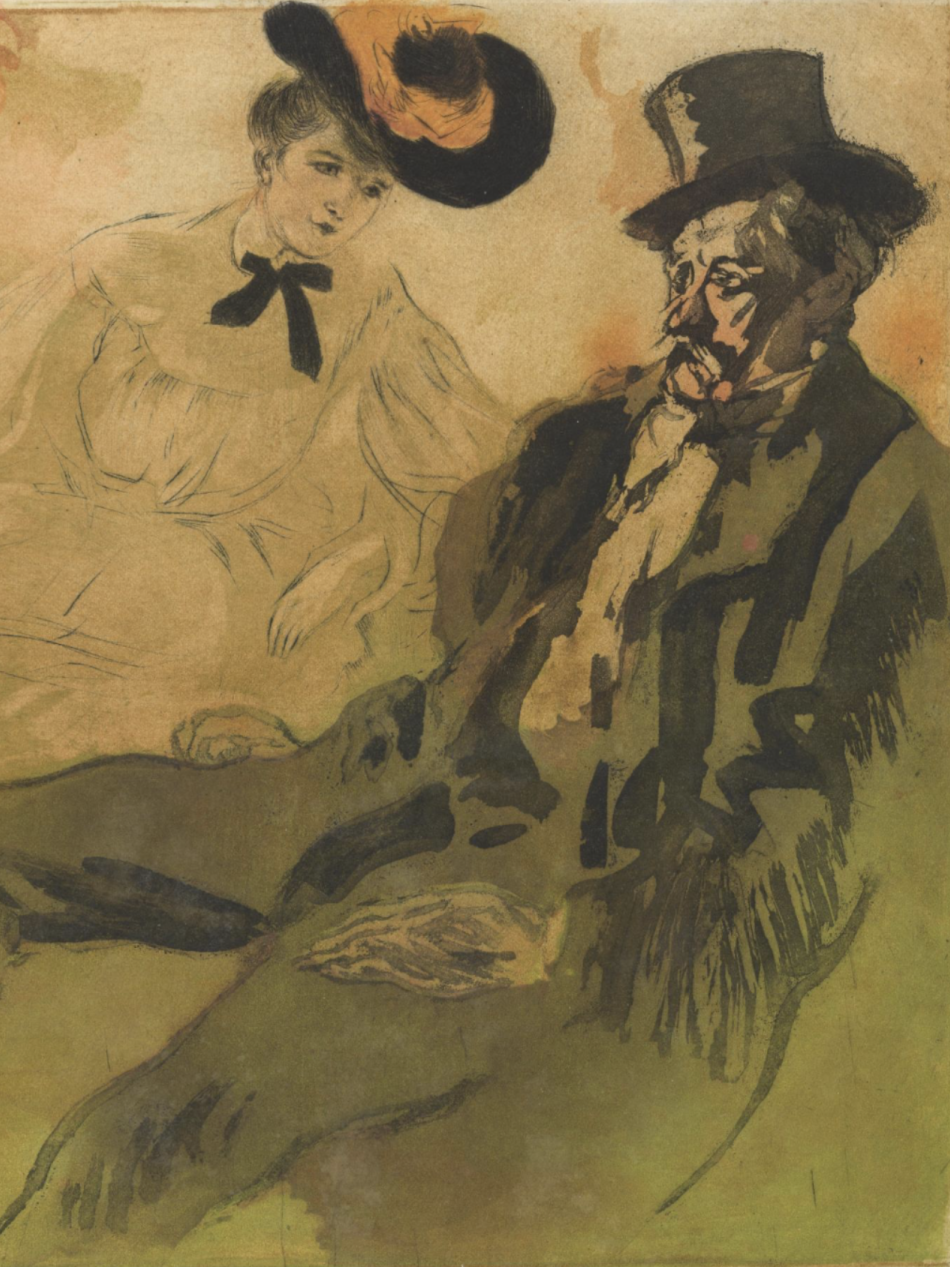 A slumped man in a suit and top hat looks to the left. A woman in a feathered hat looks at him