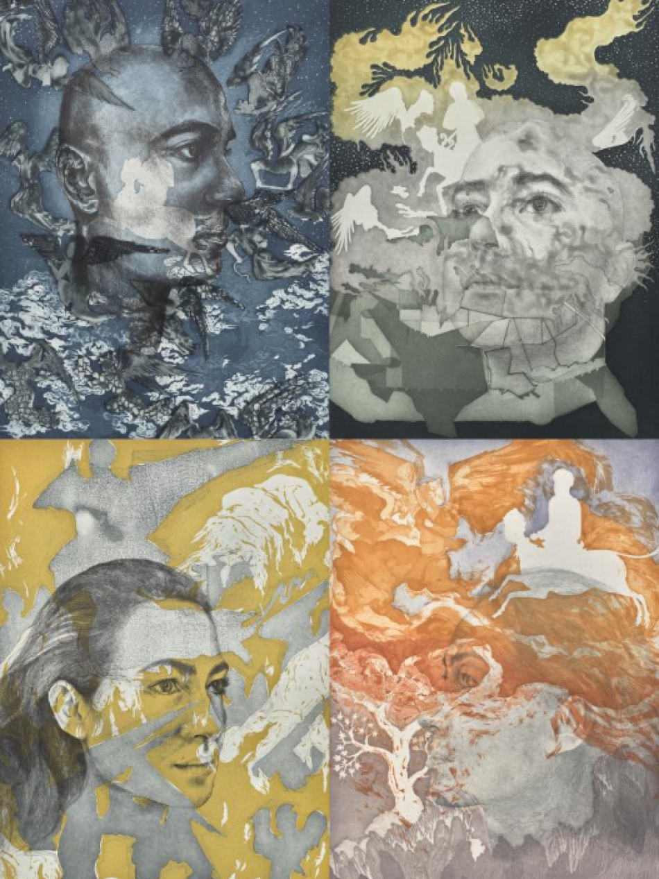 This grid of abstract images shows four portraits of the same woman in different colors and different angles.