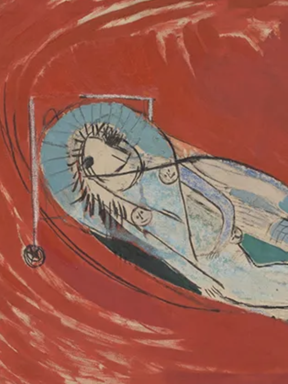 In this abstract painting, a person lies in bed and a red tide surrounds them.