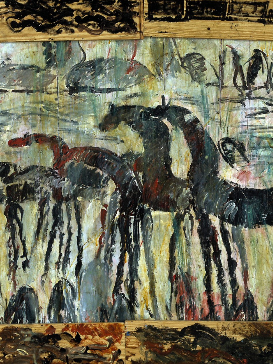 This abstract painting has multiple horses in the main frame and a wooden painted border