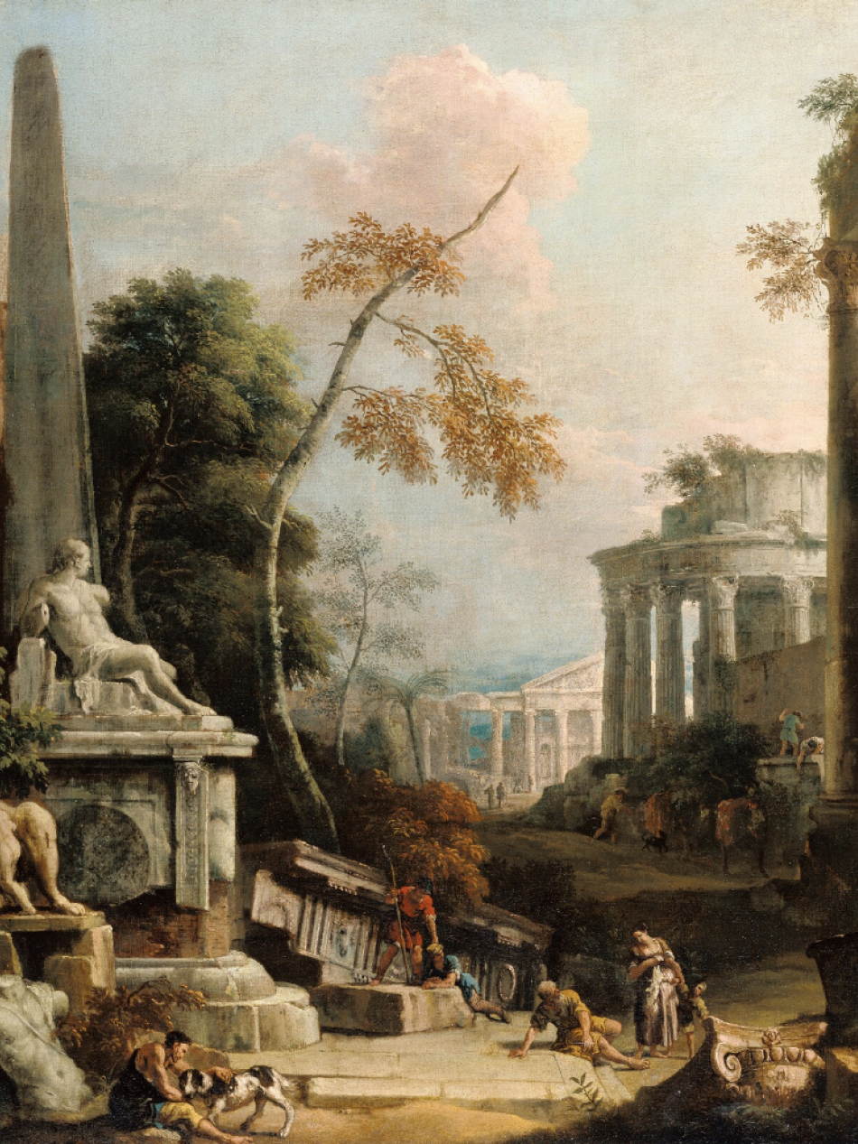 This painting shows people in a landscape with classical buildings in various states of decay at sunset.