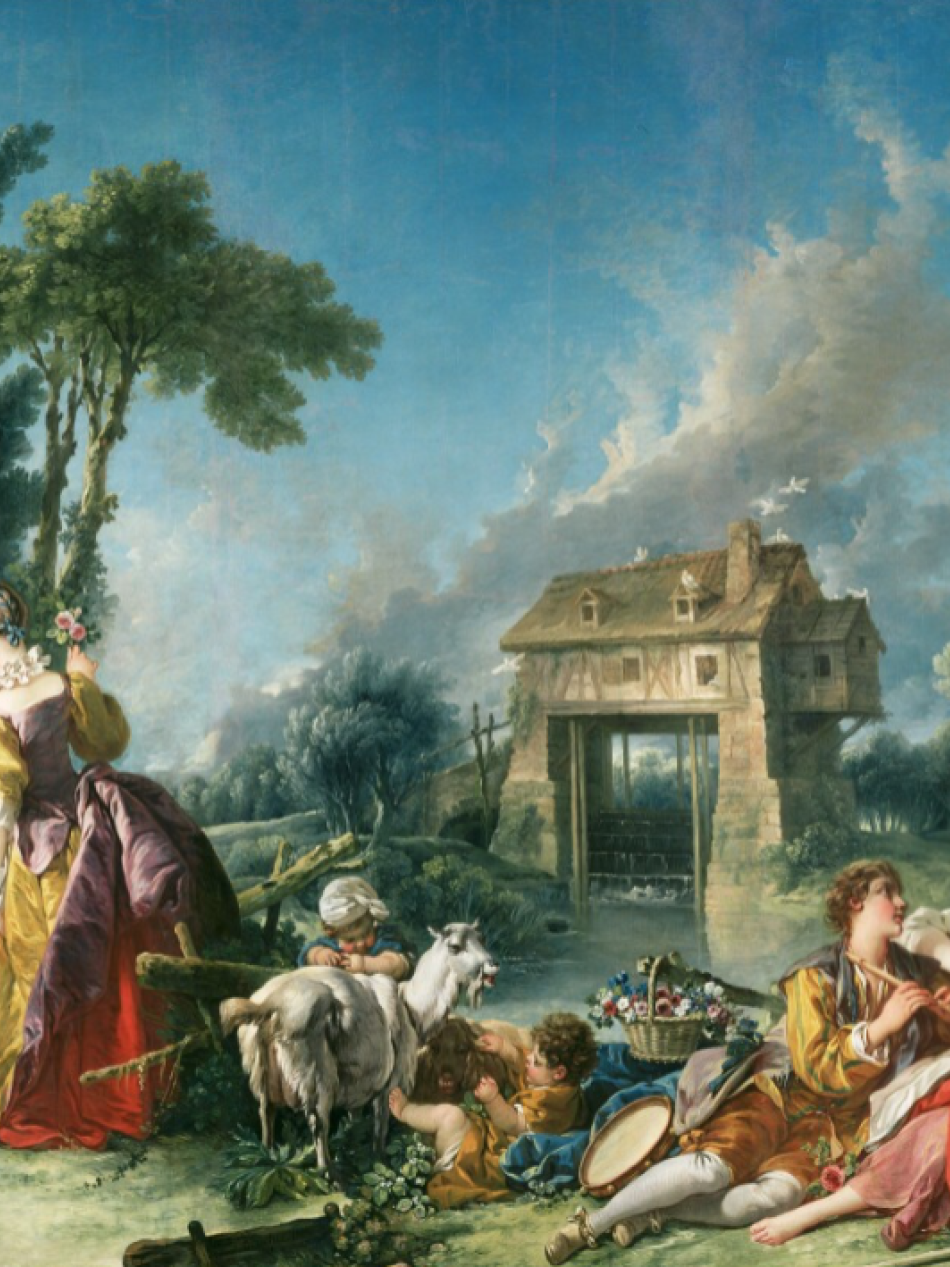 This painting depicts a scene outdoors with four adults, two children, a goat and two lamb lounging.