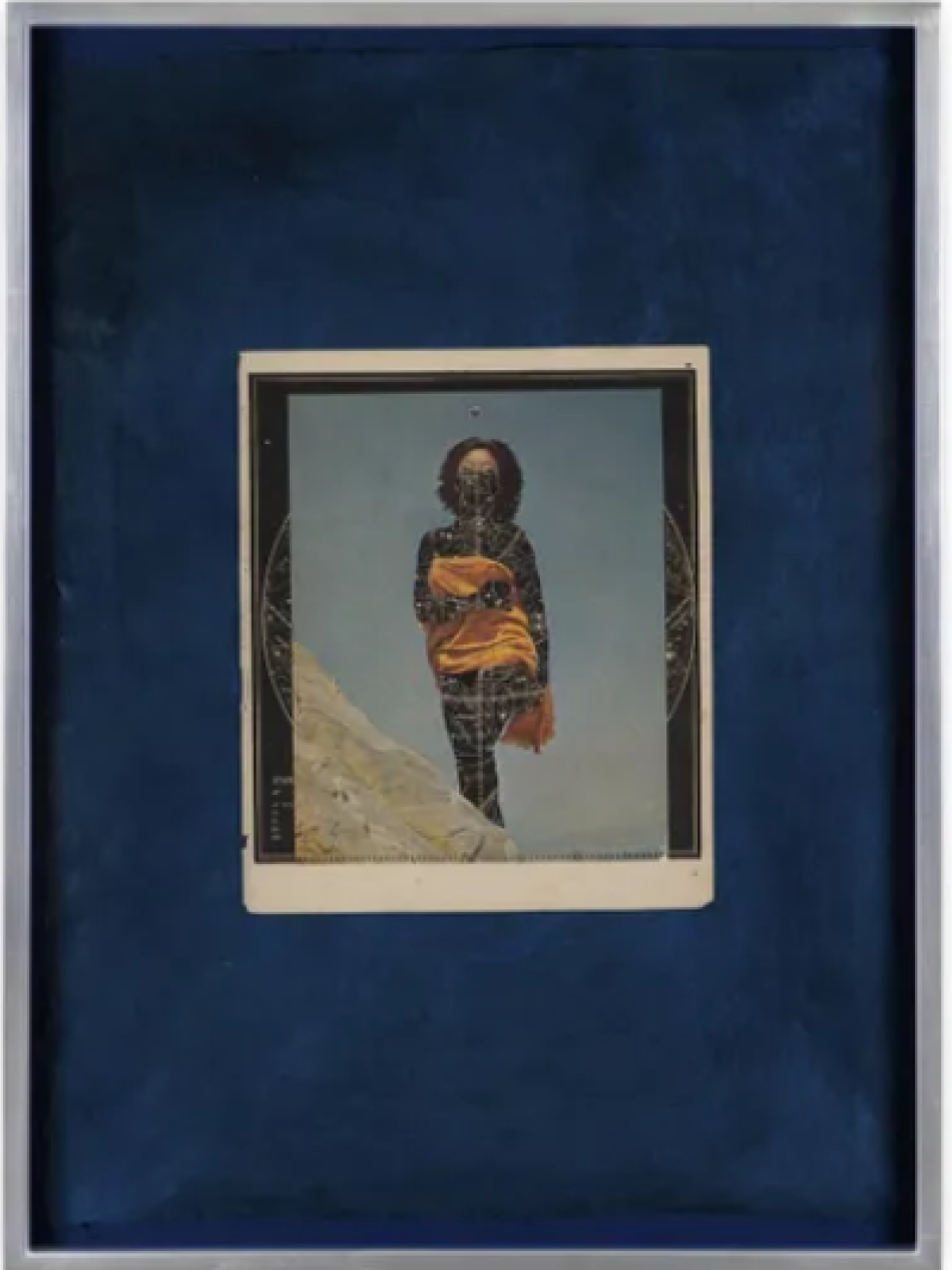 The artwork is three framed images. Each has a blue matte with a photograph on top. Each photograph depicts the same woman.