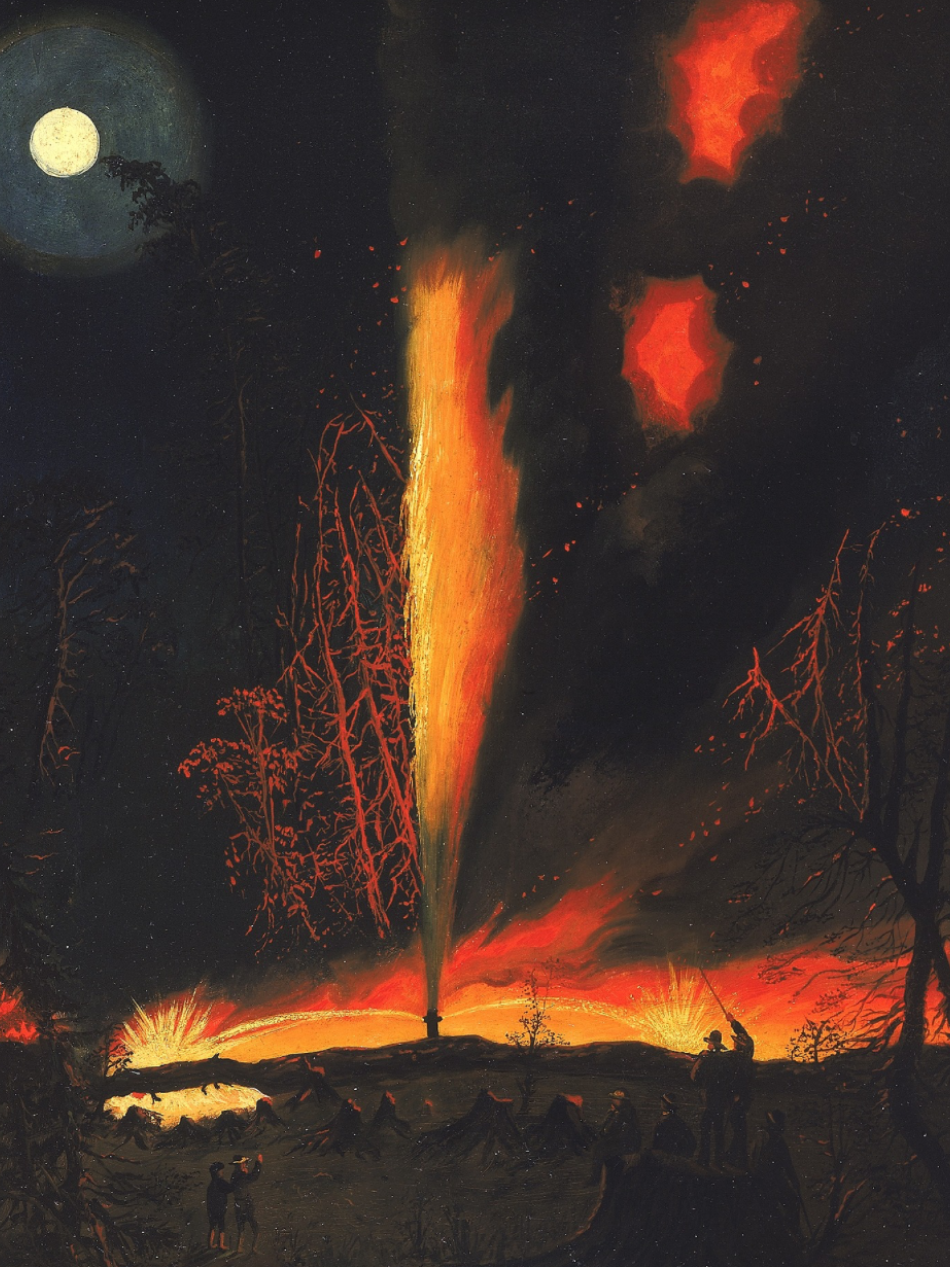 This nighttime painting depicts explosions across a field.