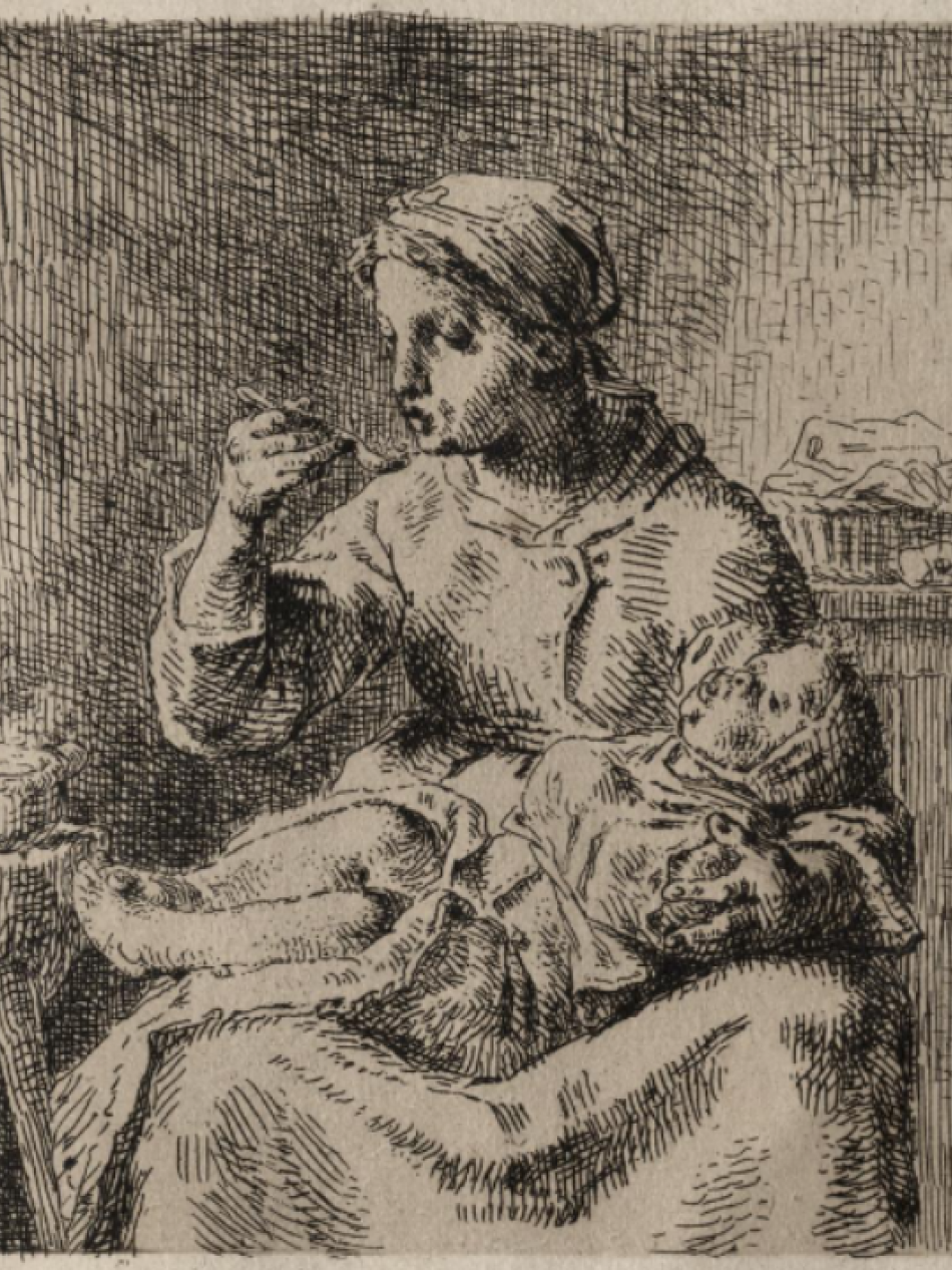 This etching shows a woman with a child in her lap. The woman sips from a spoon.