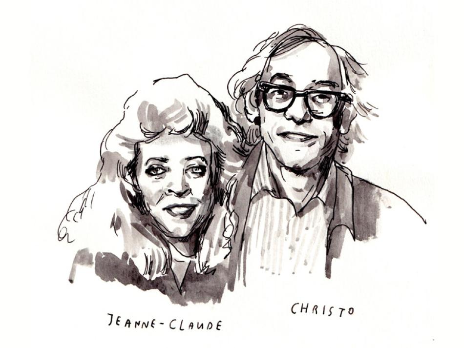 Wendy MacNaughton's ink and watercolor illustration of artists Jeanne-Claude and Christo