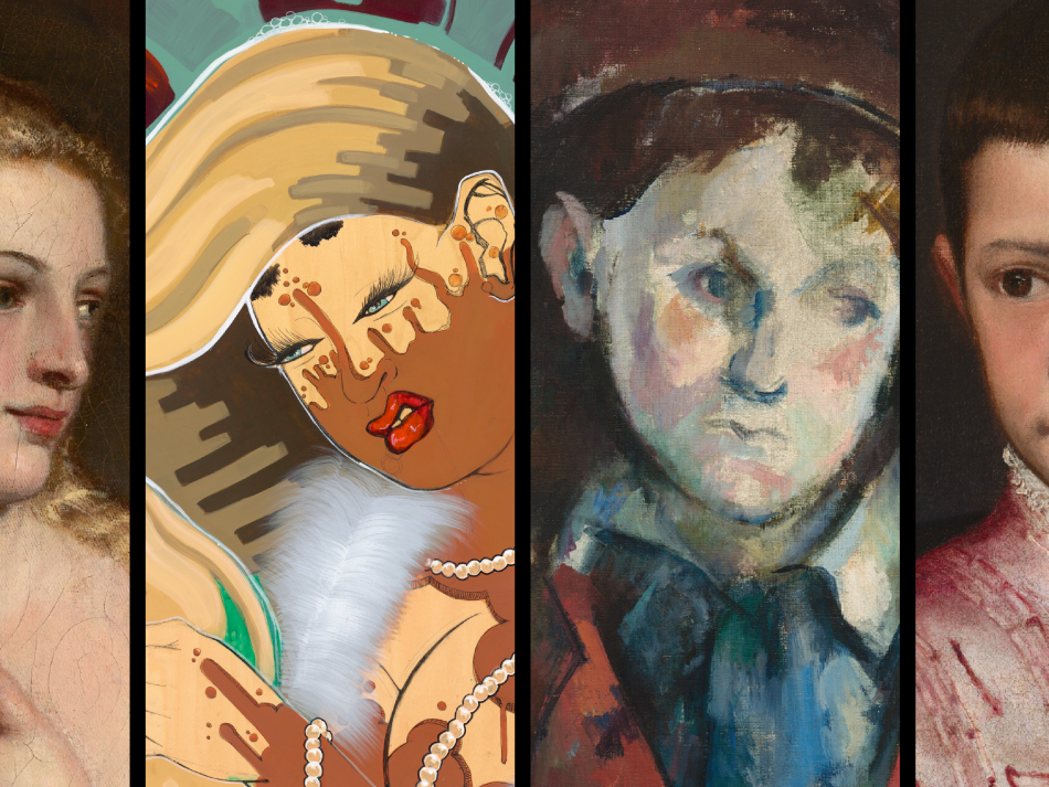 A collage of Titian's Venus with a Mirror, Rozeal's afro.died.T, Cezanne's Boy in a Red Waistcoat, and Titian's Ranuccio Farnese