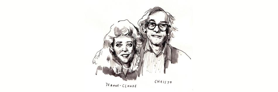 Wendy MacNaughton's ink and watercolor illustration of artists Jeanne-Claude and Christo