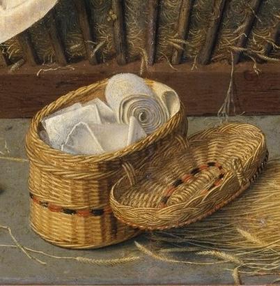 Detail of a woven basket with lid open in Gerard David's The Nativity with Donors and Saints Jerome and Leonard 