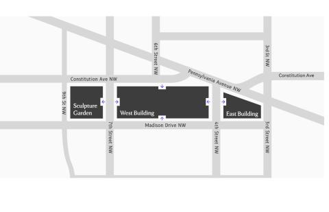 A map of the National Gallery of Art campus in Washington, D.C., showing the layout from west to east: the Sculpture Garden, West Building, and East Building. The campus spans from 9th Street NW to 3rd Street NW, with Constitution Avenue and Pennsylvania Avenue NW to the north, and Madison Drive NW and the National Mall to the south.